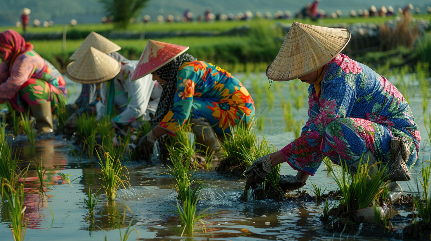 People in Iran plant rice seedlings wearing colorful outfits.