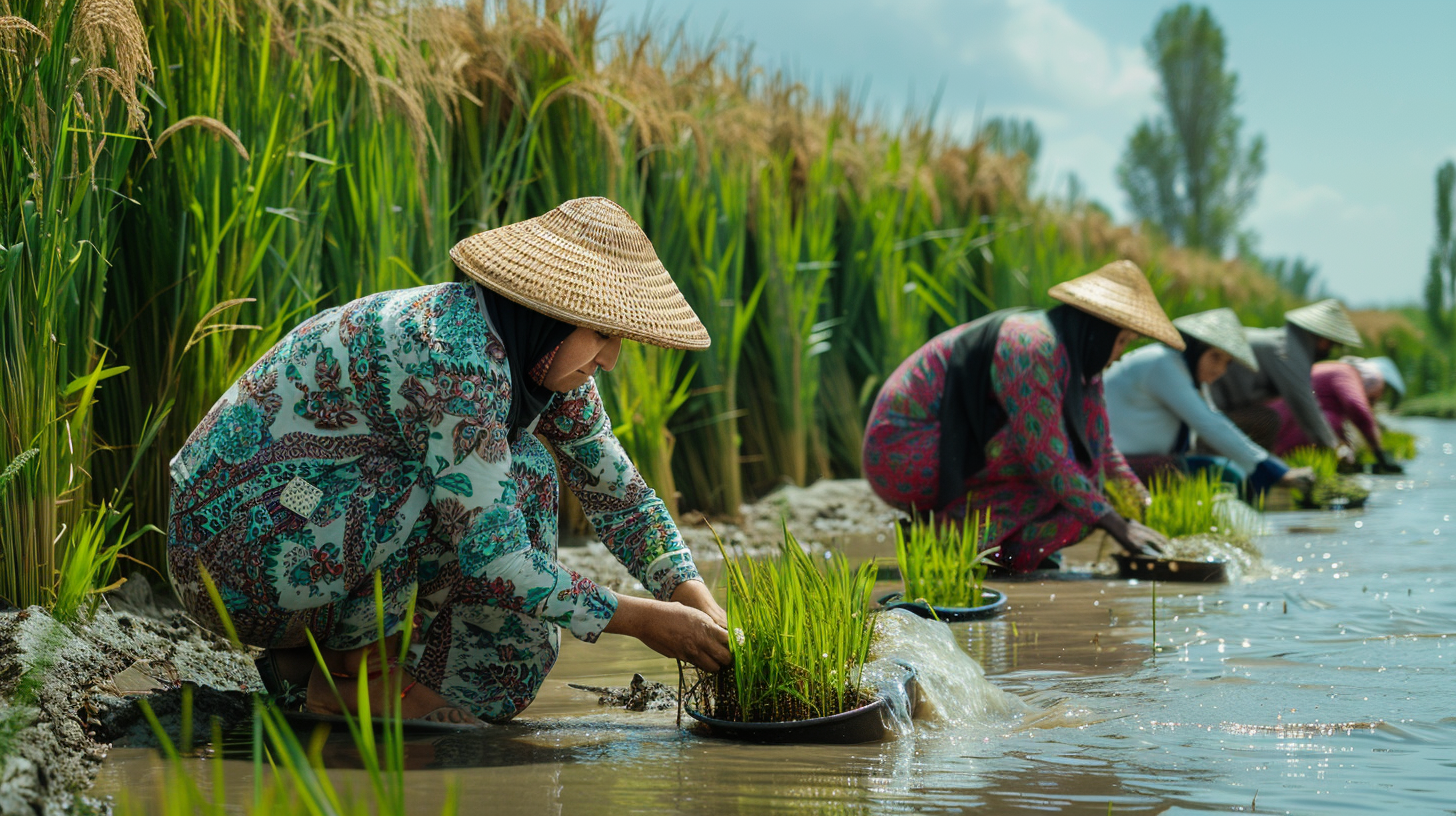 People in Iran planting rice seedlings wearing colorful outfits.