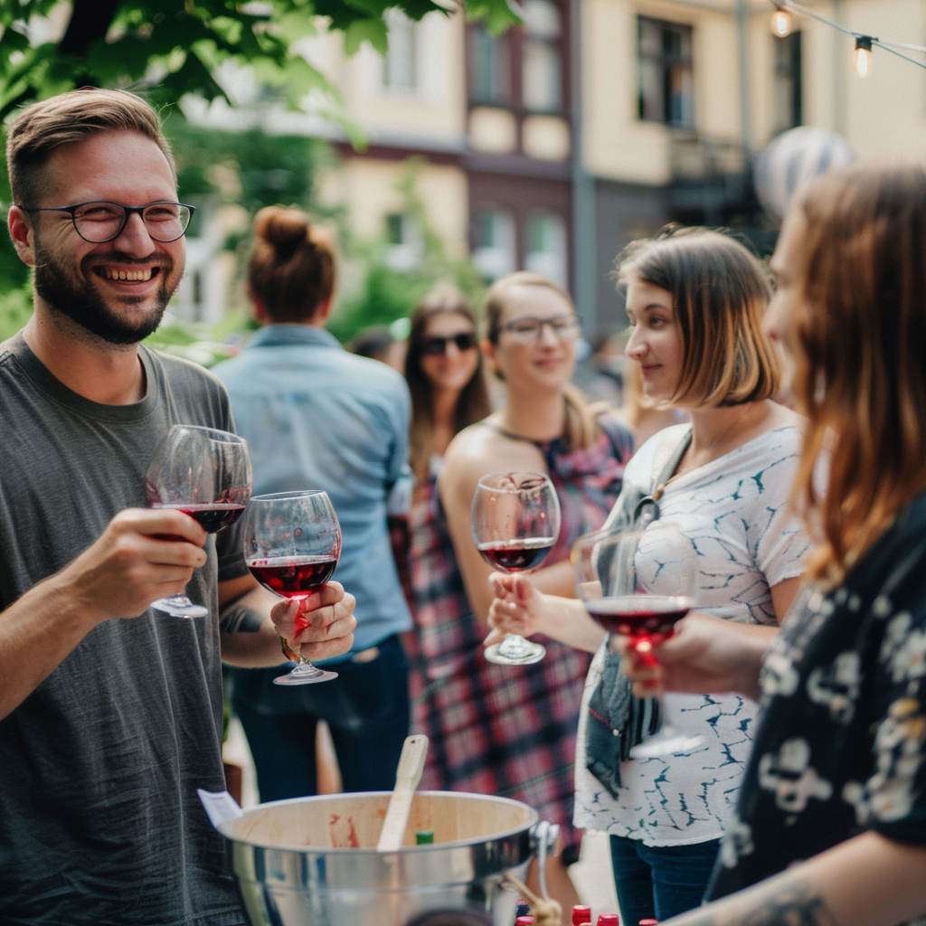 People in Wroclaw Poland making red wine together.