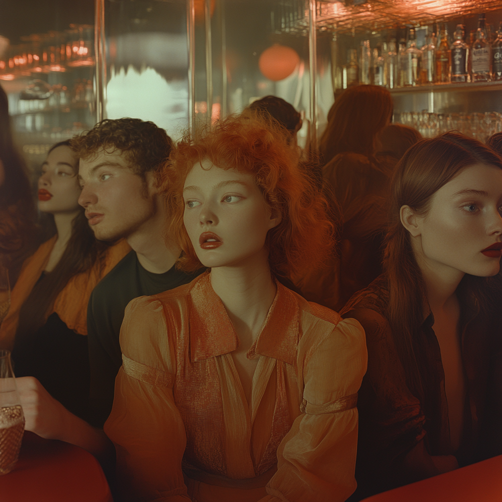 People in bar, weird faces, distorted perspective, beautiful outfits.