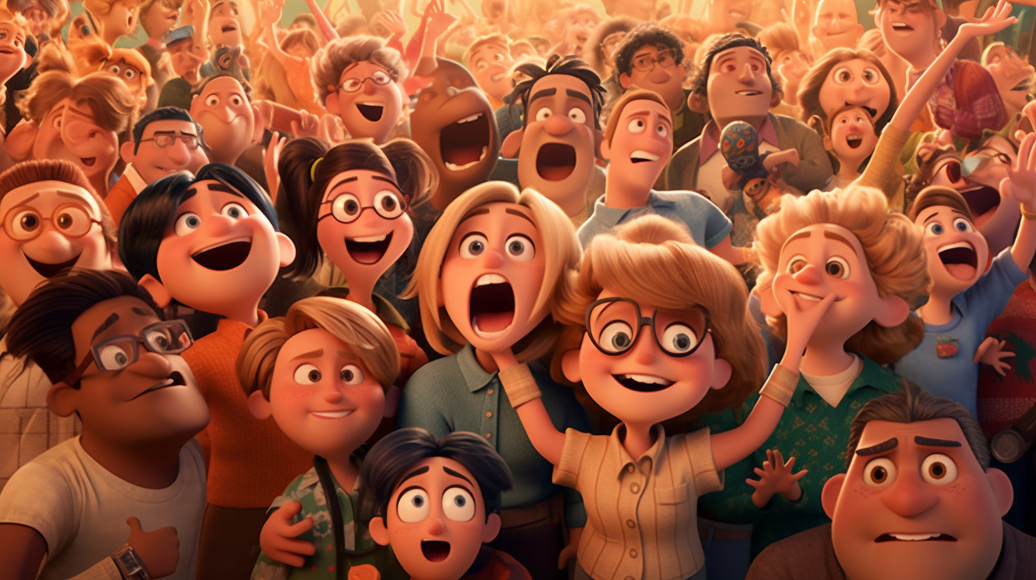 People laughing and smiling in Pixar-style animation.