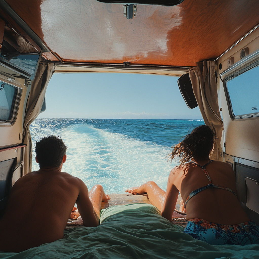 People laying in bed in camper van, looking out