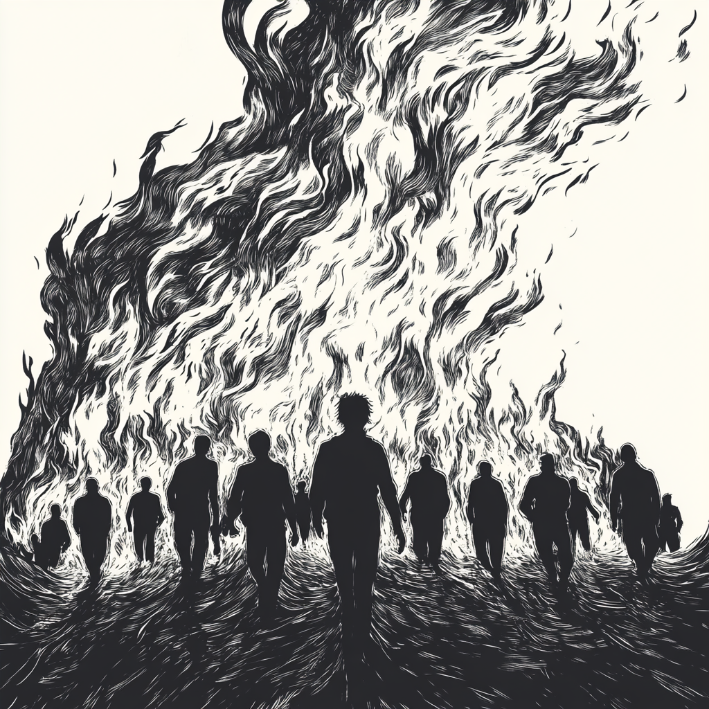 People on fire: abstract, symbolic, minimalist, dramatic silhouette art.