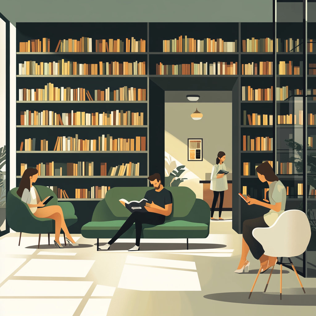 People reading books in modern, cozy library setting.