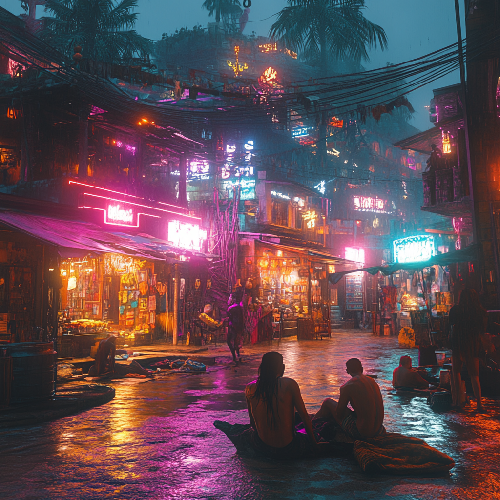 People relaxing in hot city with glowing lights.