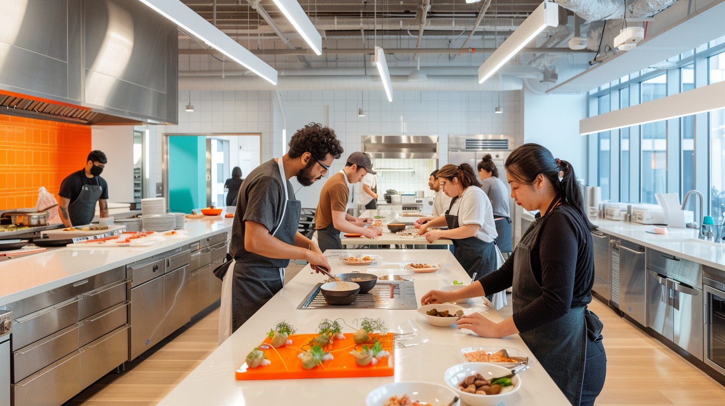 People research new dishes in culinary lab.