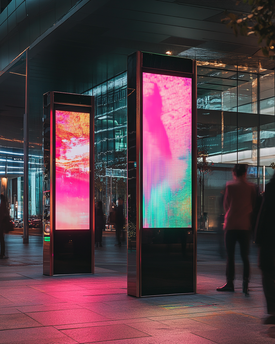 People rushing by digital totem at night in Singapore.