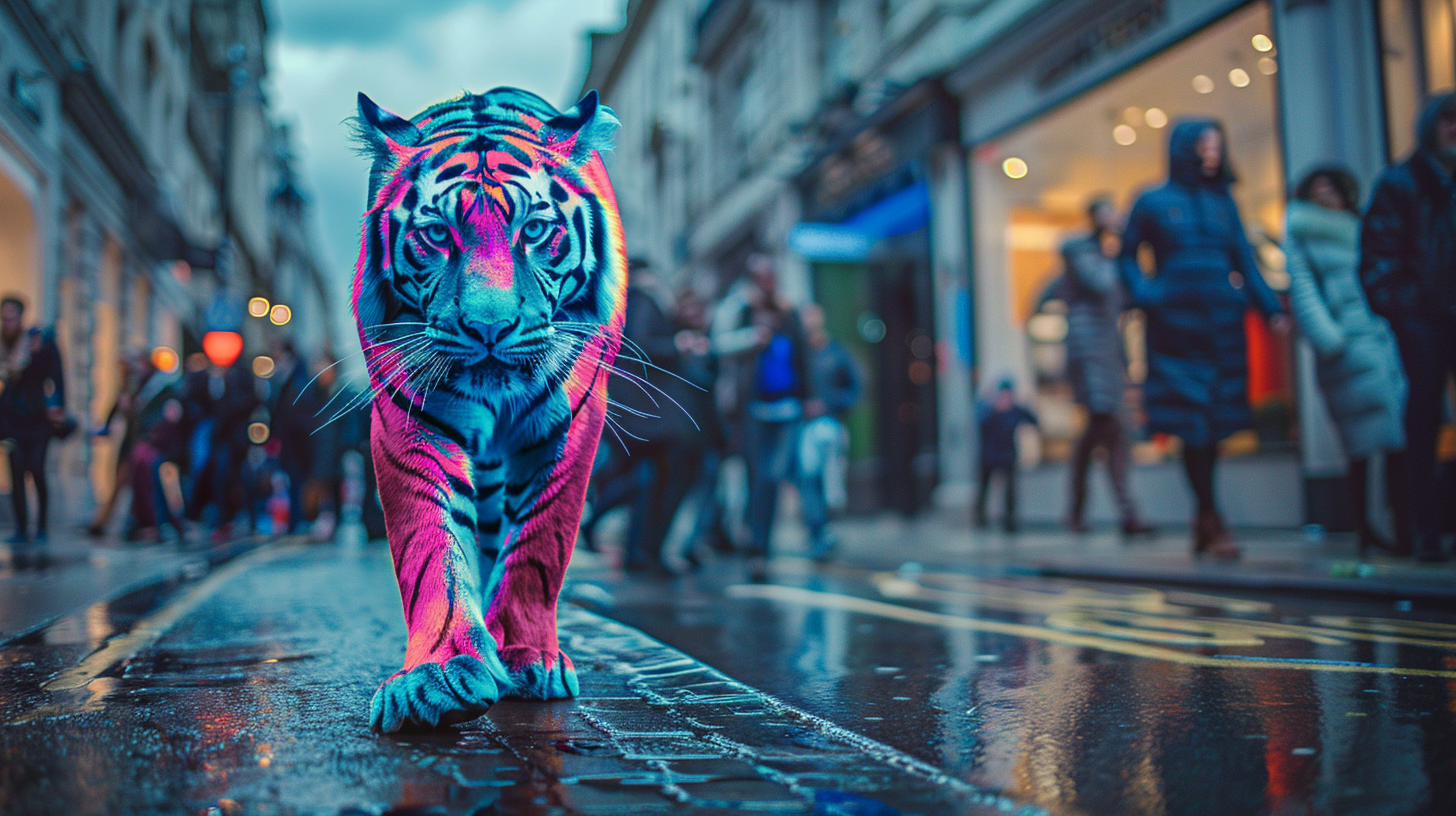 People shocked to see blue and pink tiger.