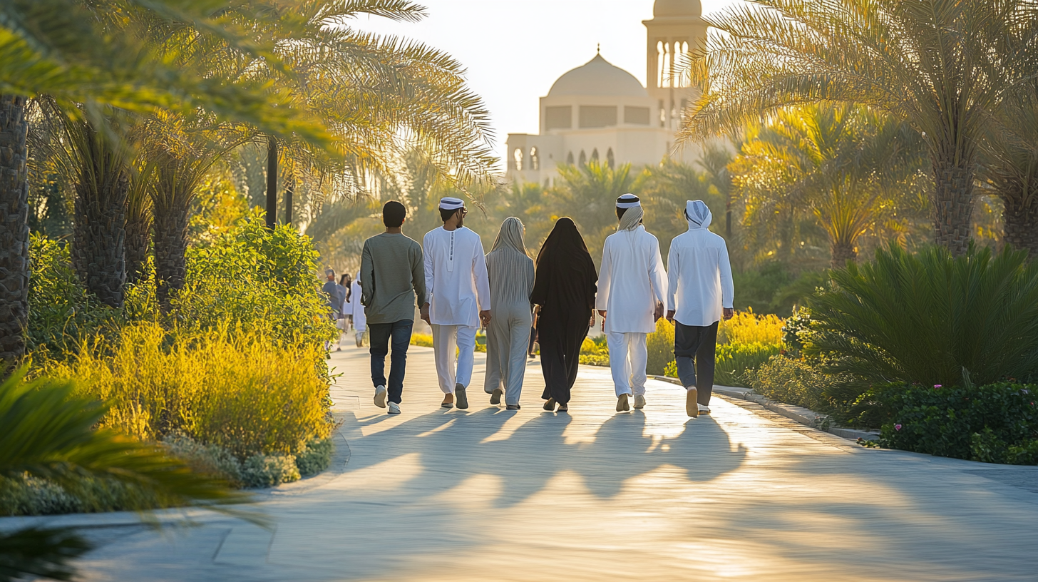 People walking in Abu Dhabi with traditional buildings.