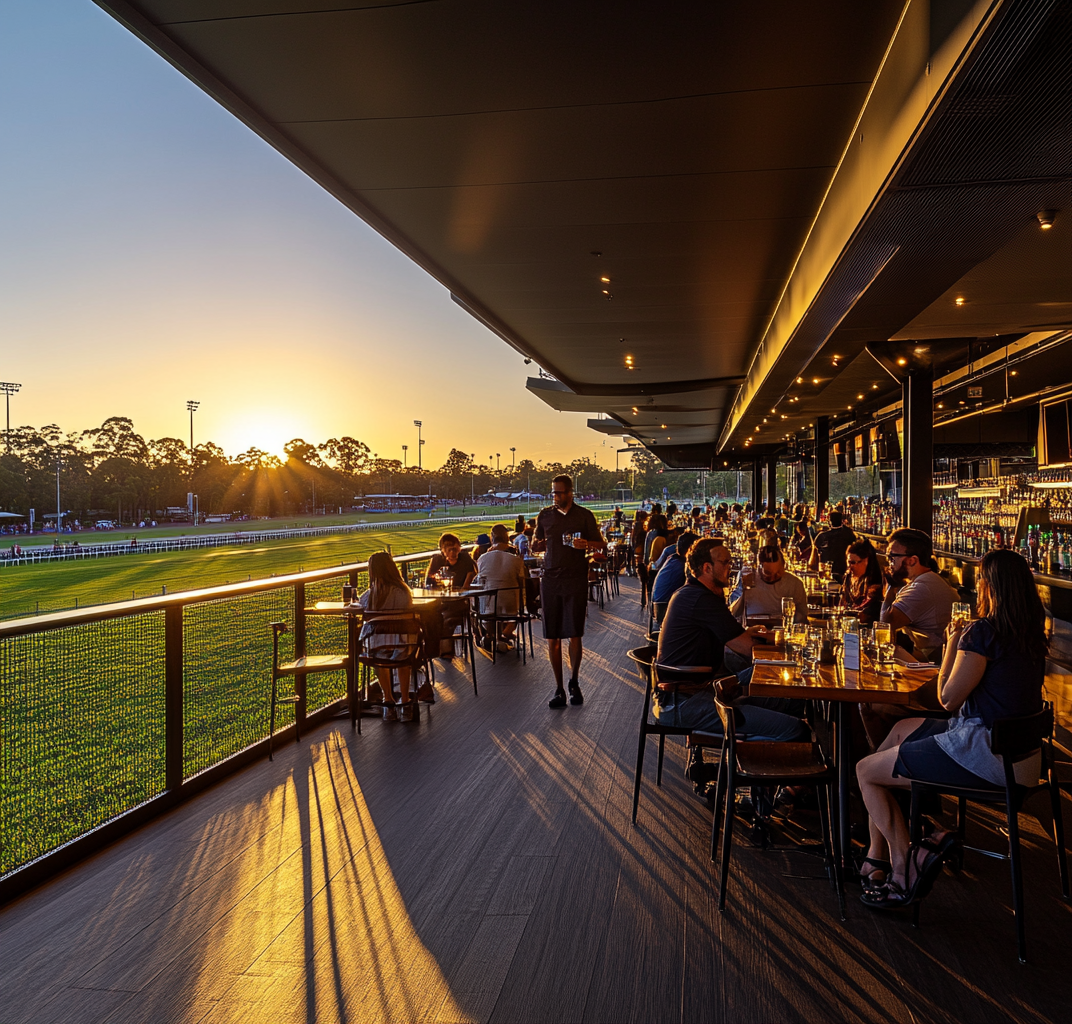 People watching sunset, dining outdoors, served by waiters.