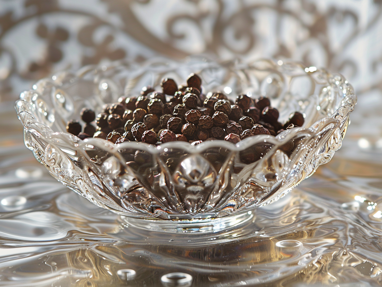 Peppercorns Floating in Glass Bowl under Natural Light