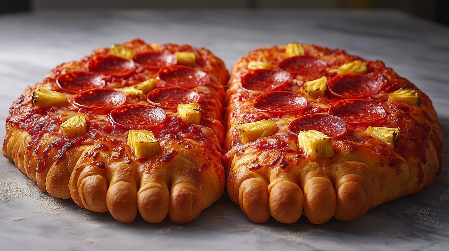 Pepperoni and ananas pizza shaped as two feet.