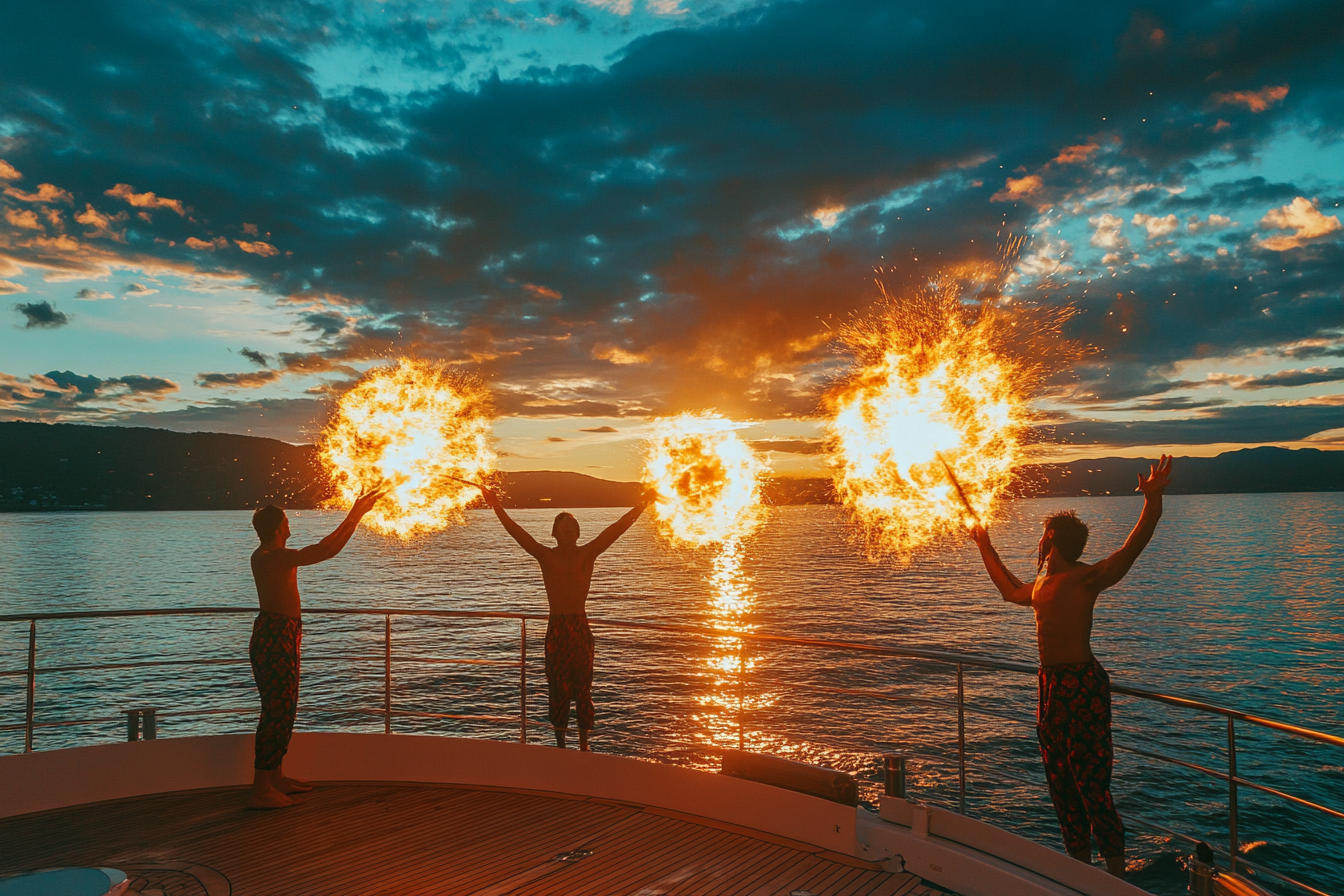 Performers spinning fire on luxury yacht at golden hour.