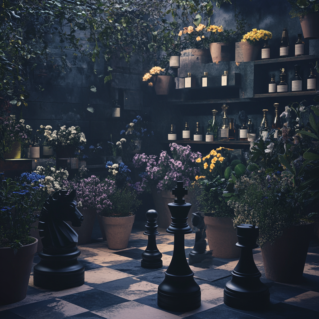 Perfume brand event with chess pieces, flowers, plants, and perfumes