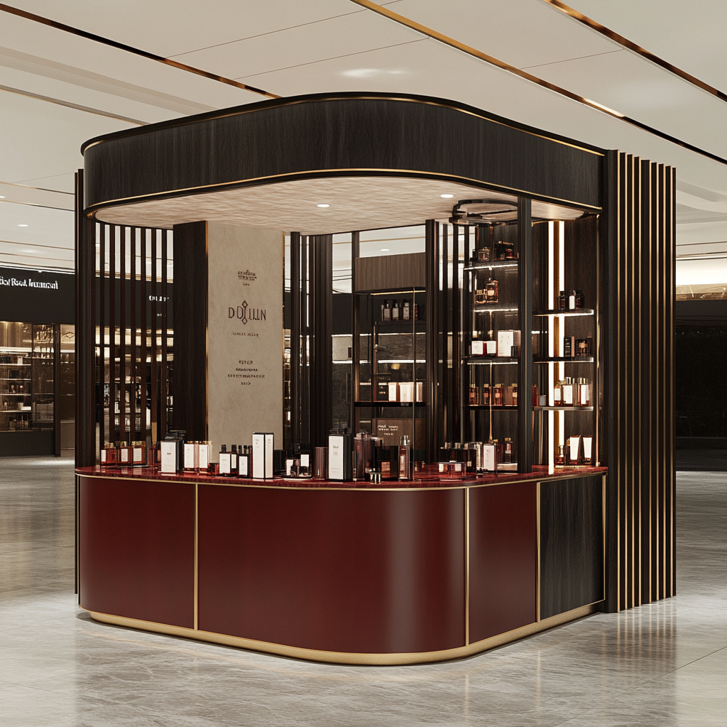 Perfume brand kiosk in shopping mall with chic design.