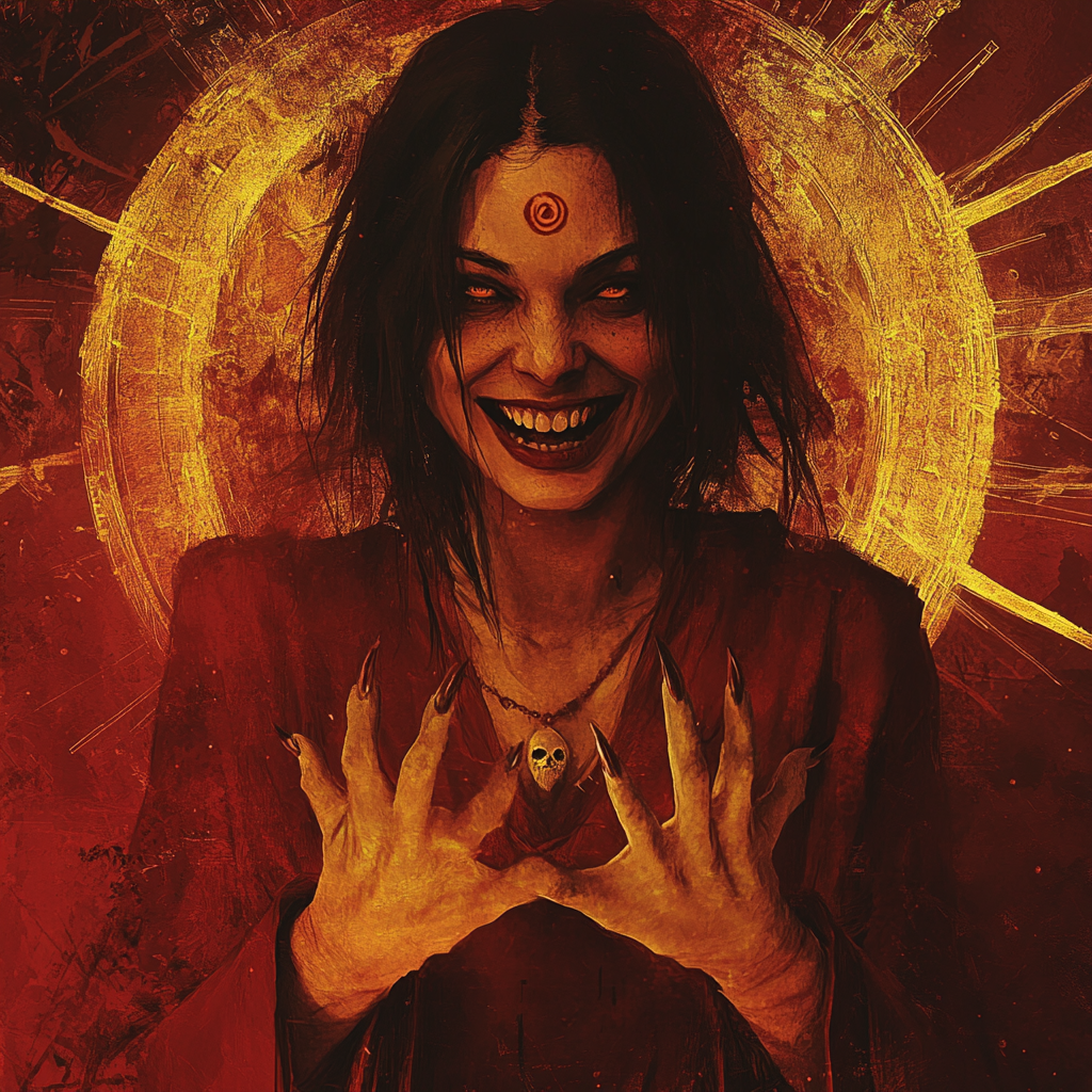 Persephone wearing red robe with wide grin, third eye.