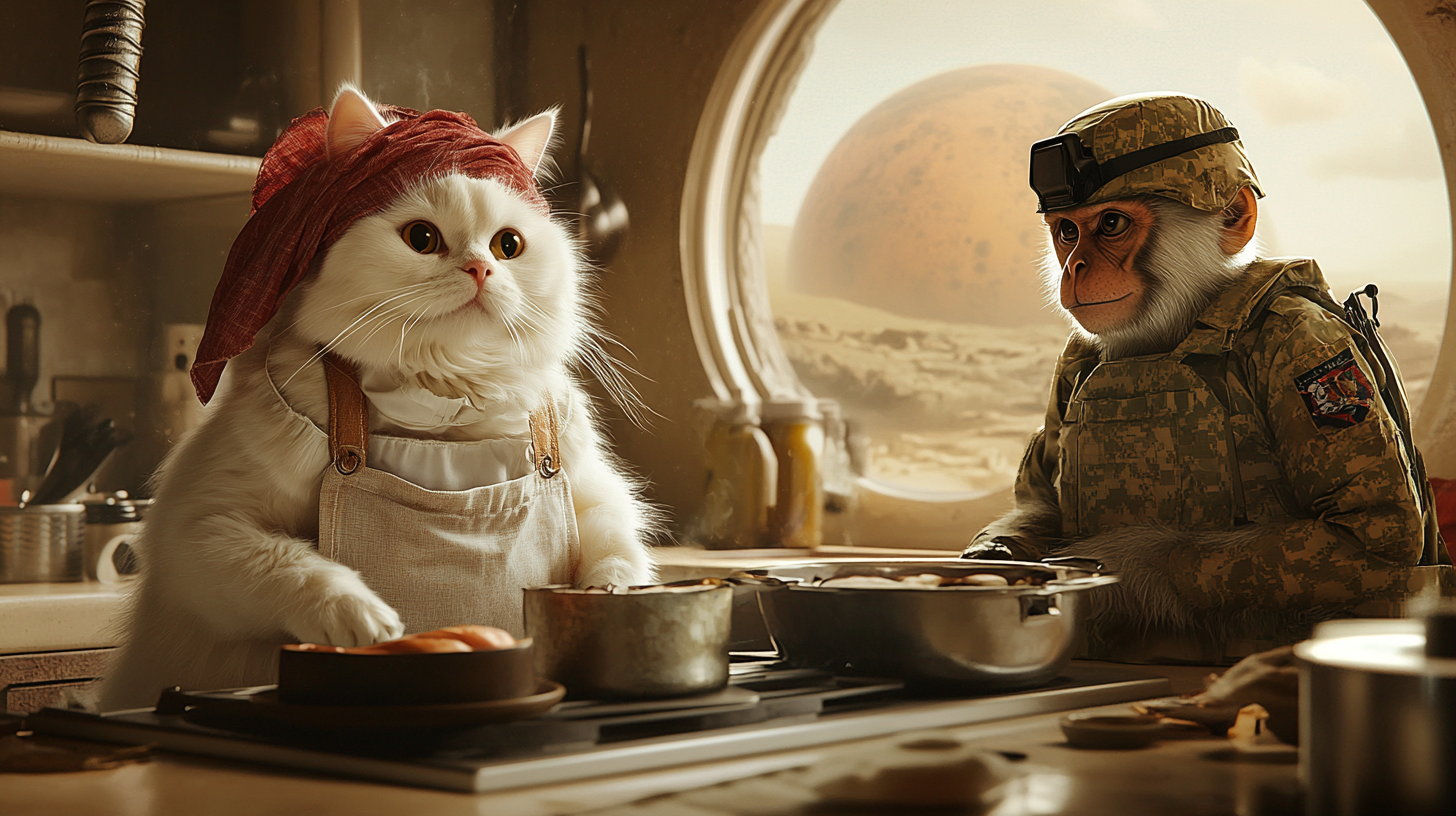 Persian cat cooks on Mars with monkey in uniform.