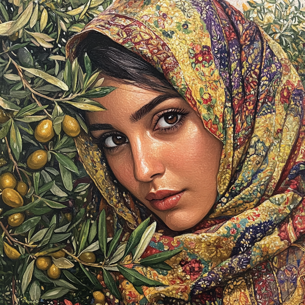 Persian women picking olives with colorful headscarves proudly.