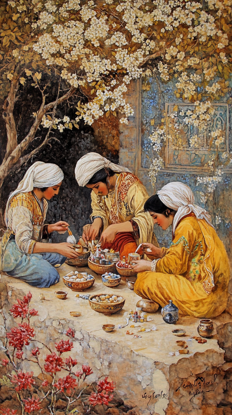 Persians creating health remedies in beautiful ancient environment.