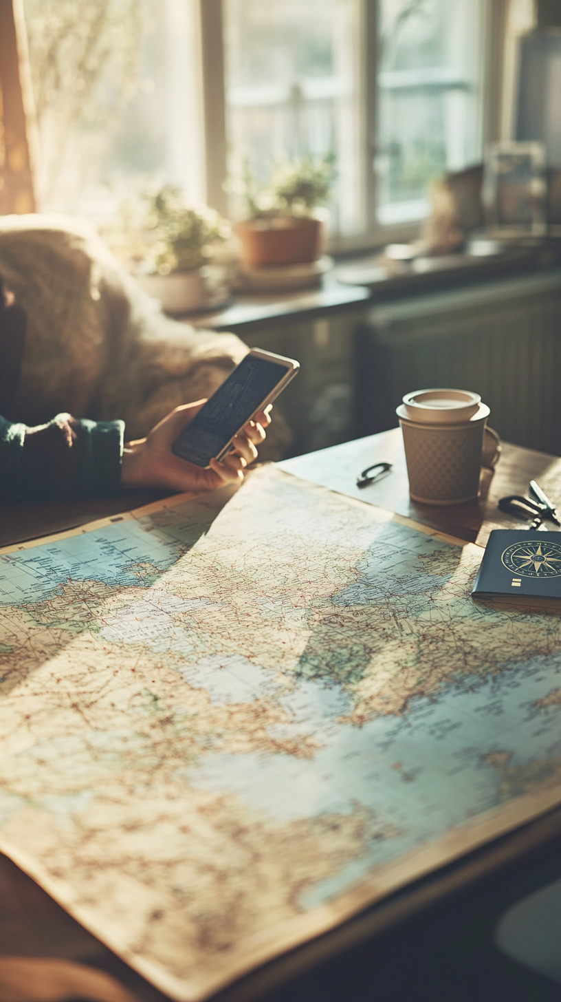 Person Planning European Adventure with Smartphone at Table