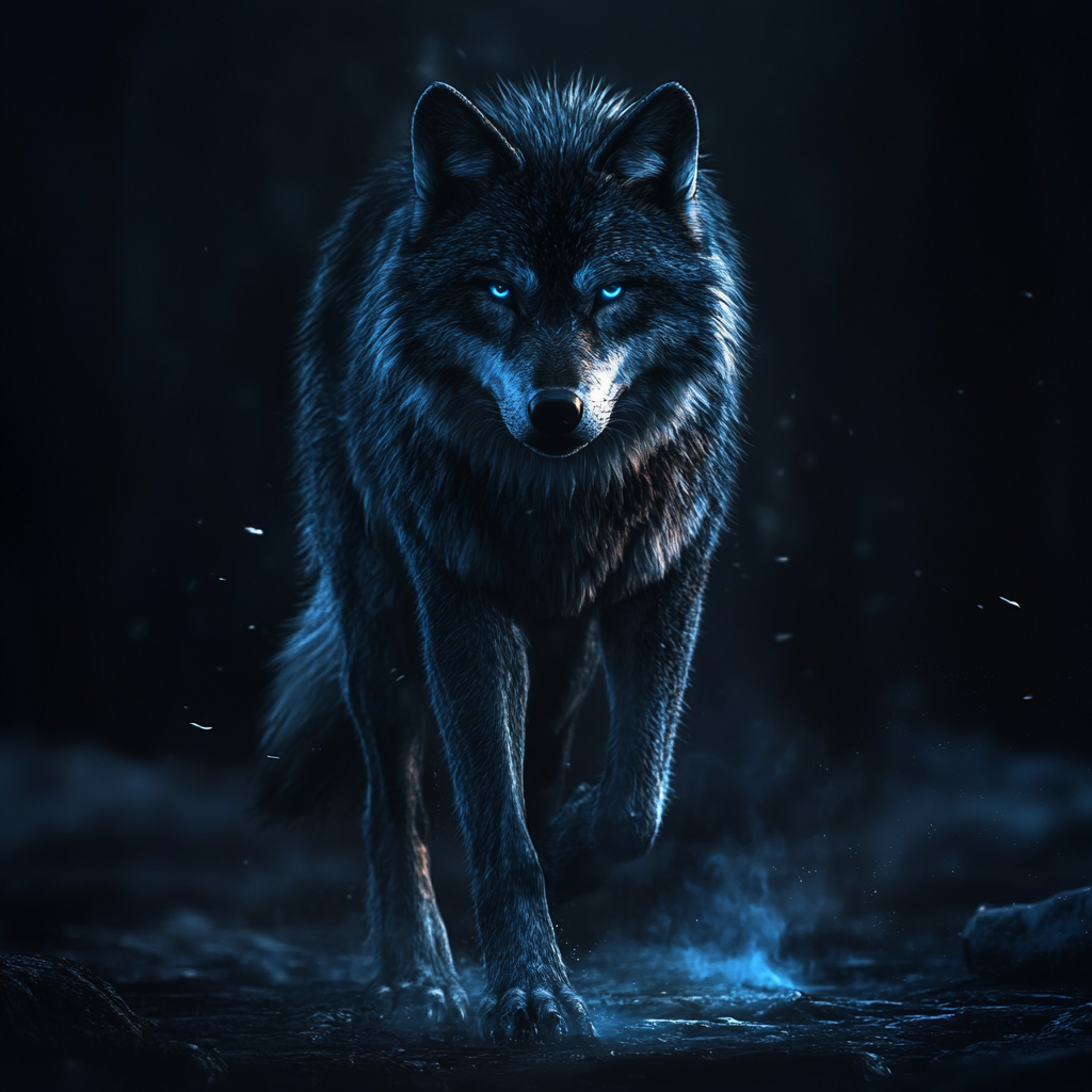 Person as ultra-realistic wolf walking through black, silver, blue 4k