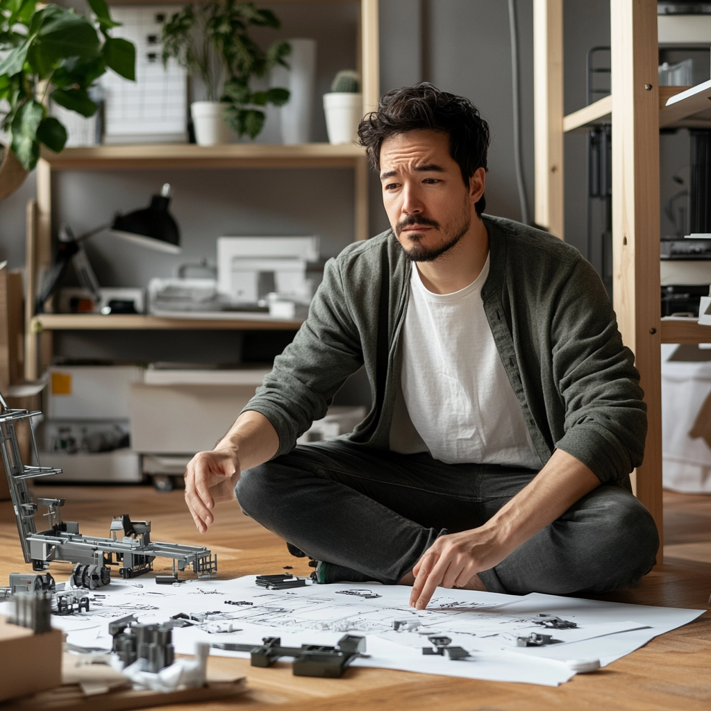 Person assembling IKEA shelf at home confused