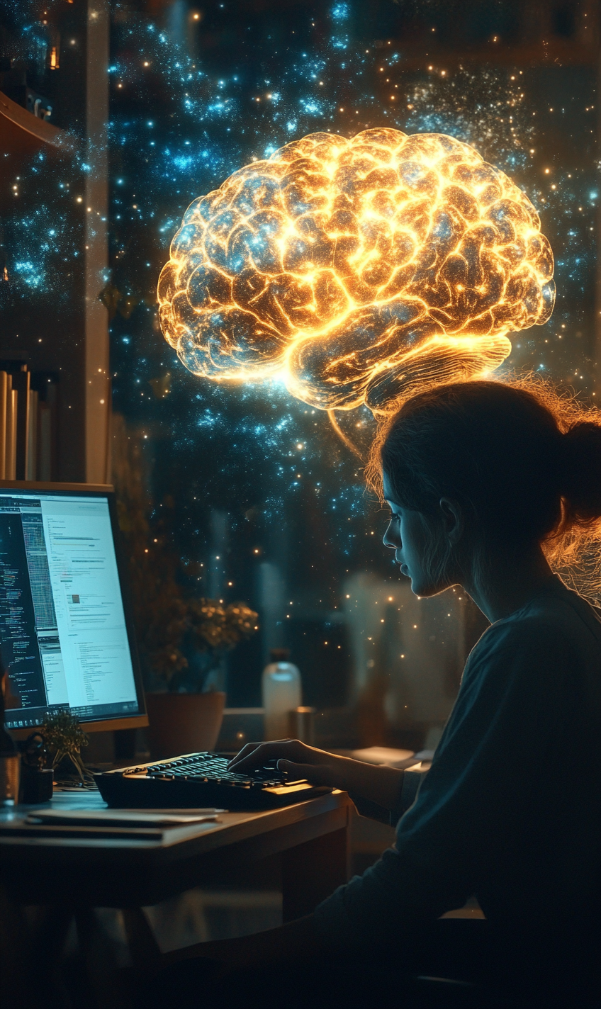 Person at desk with glowing brain, computer work