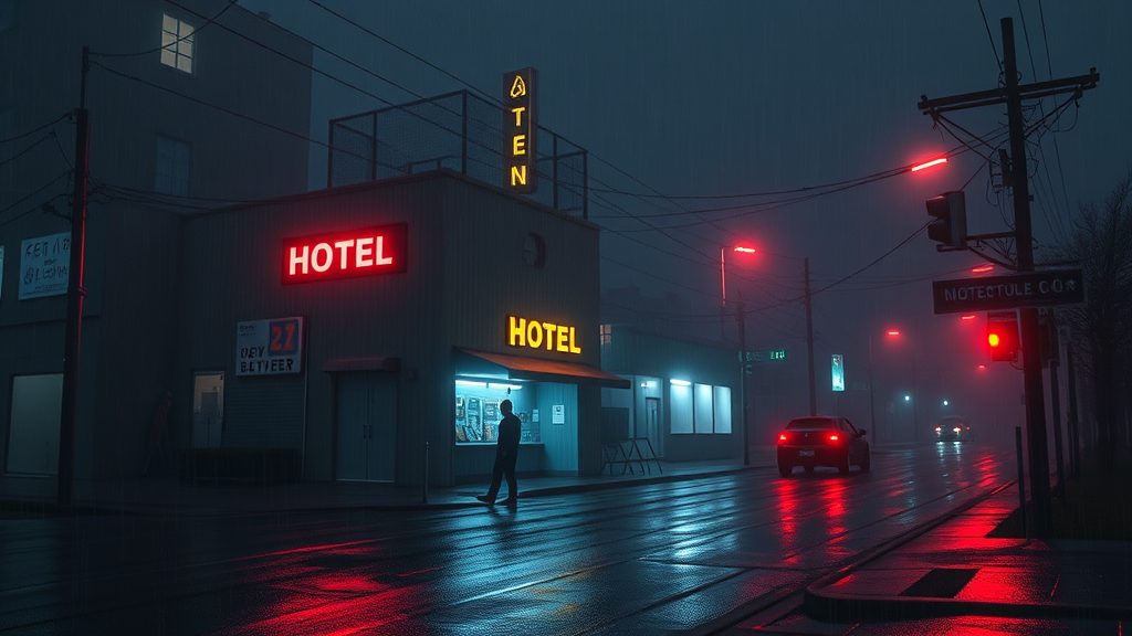 Person at rainy hotel in 3D cyberpunk world