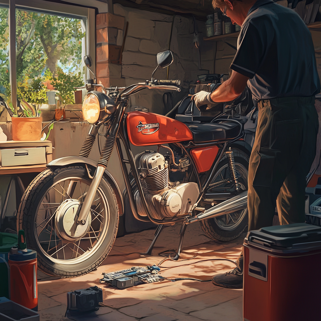 Person checking motorcycle battery and fuel system for starting problems.