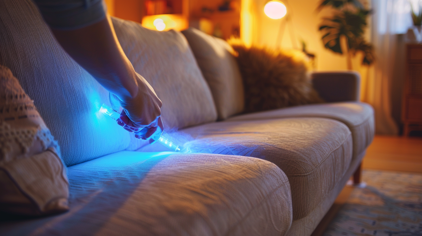 Person cleaning sofa with blue light in room