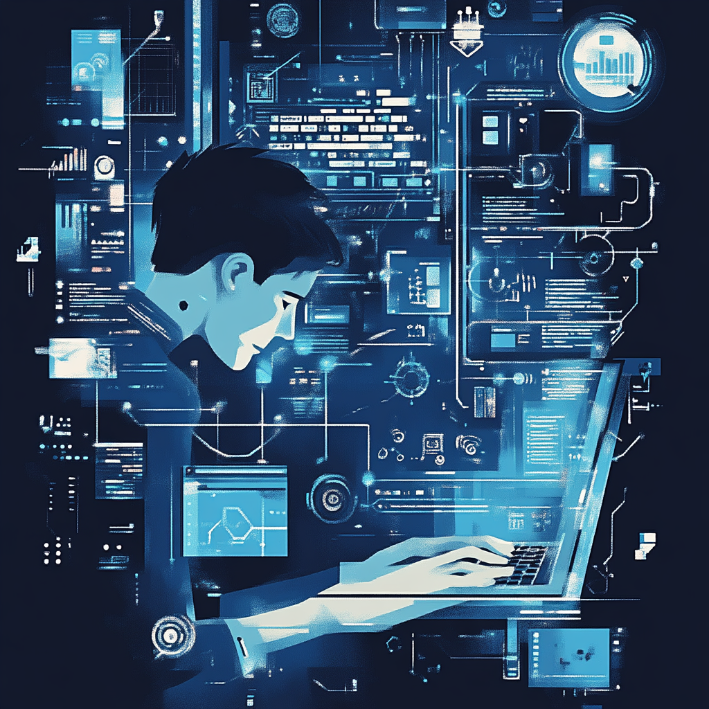 Person coding on computer with challenge icons, navy background.