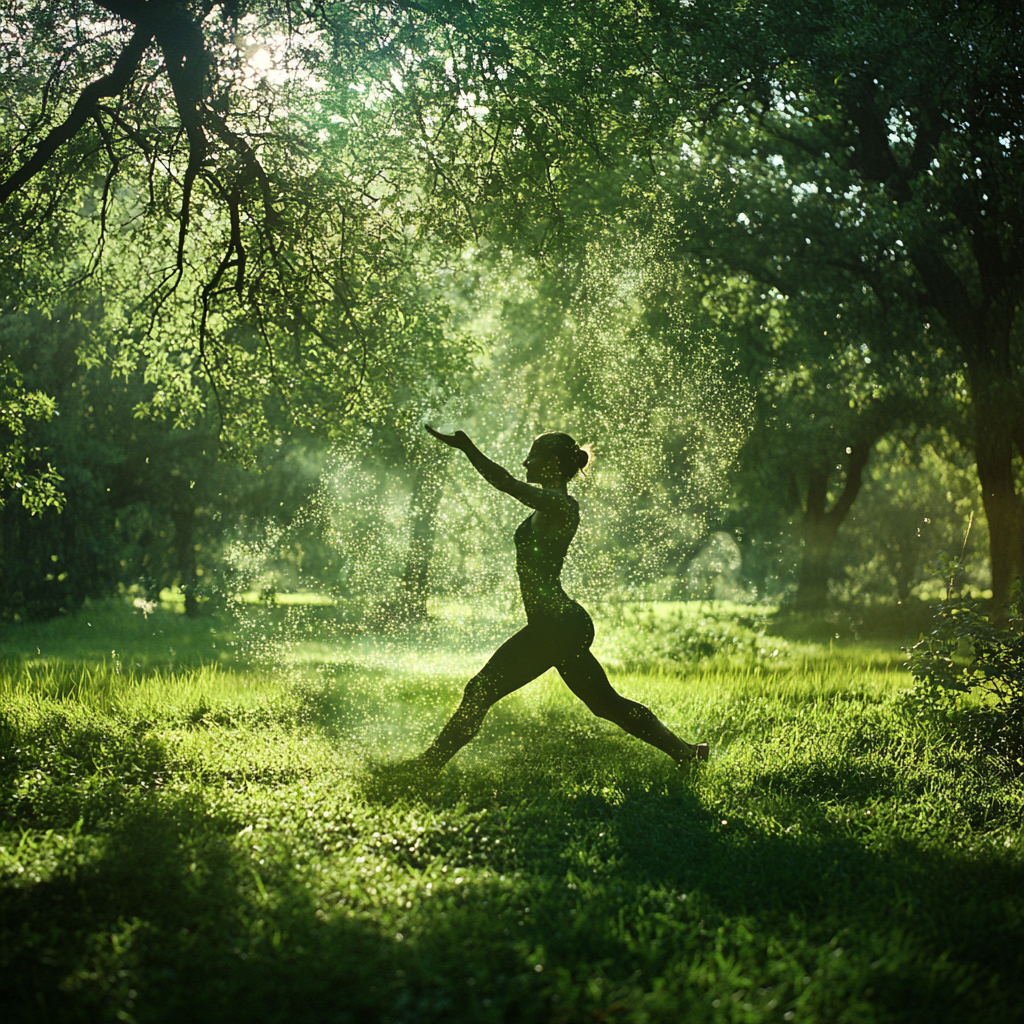 Person exercises in park, stress dissolves, mind-body benefits.