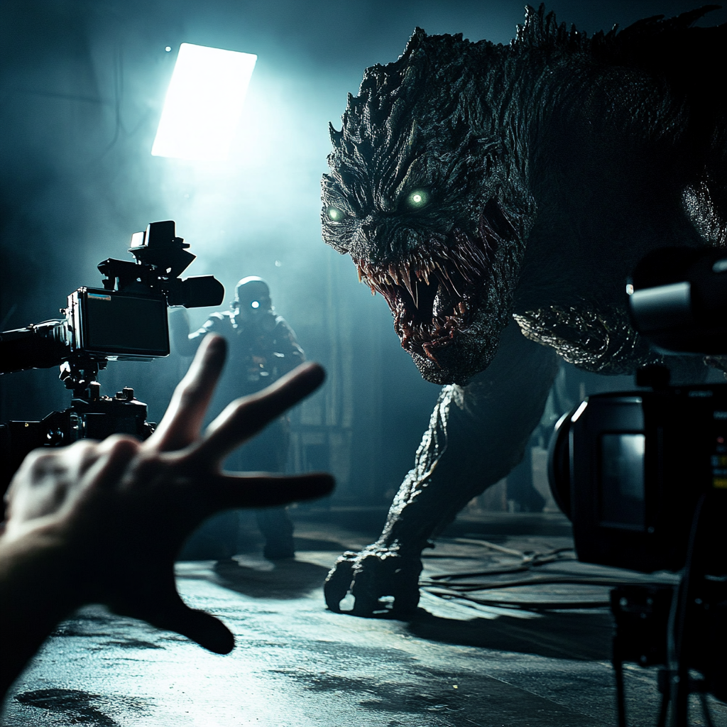 Person films monster while crew sets up cameras