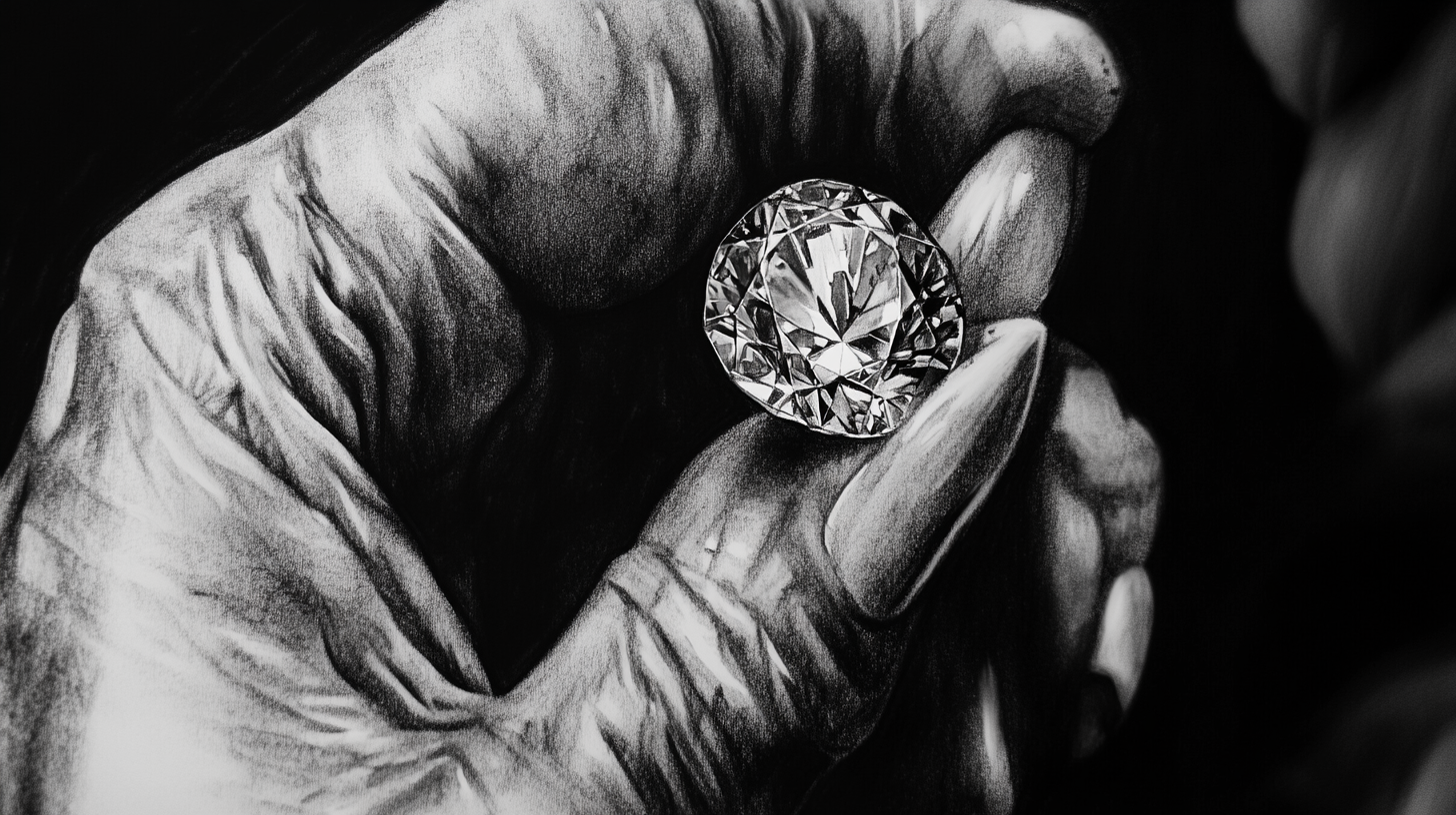 Person holding diamond close-up, storyboard style, black and white.