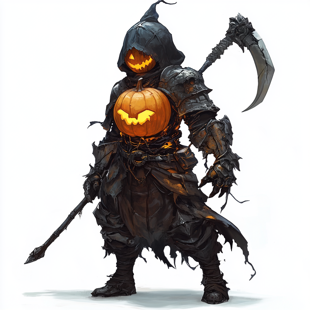 Person in Halloween pumpkin armor, scythe, Monster Hunter style.