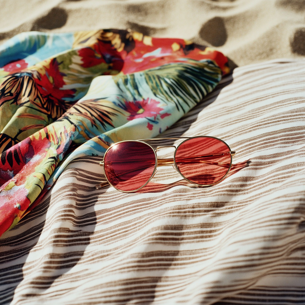 Person in Hawaiian shirt on beach blanket with sunglasses