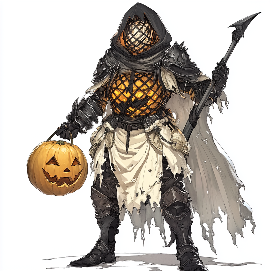 Person in Monster Hunter armor, smiling Halloween helmet.