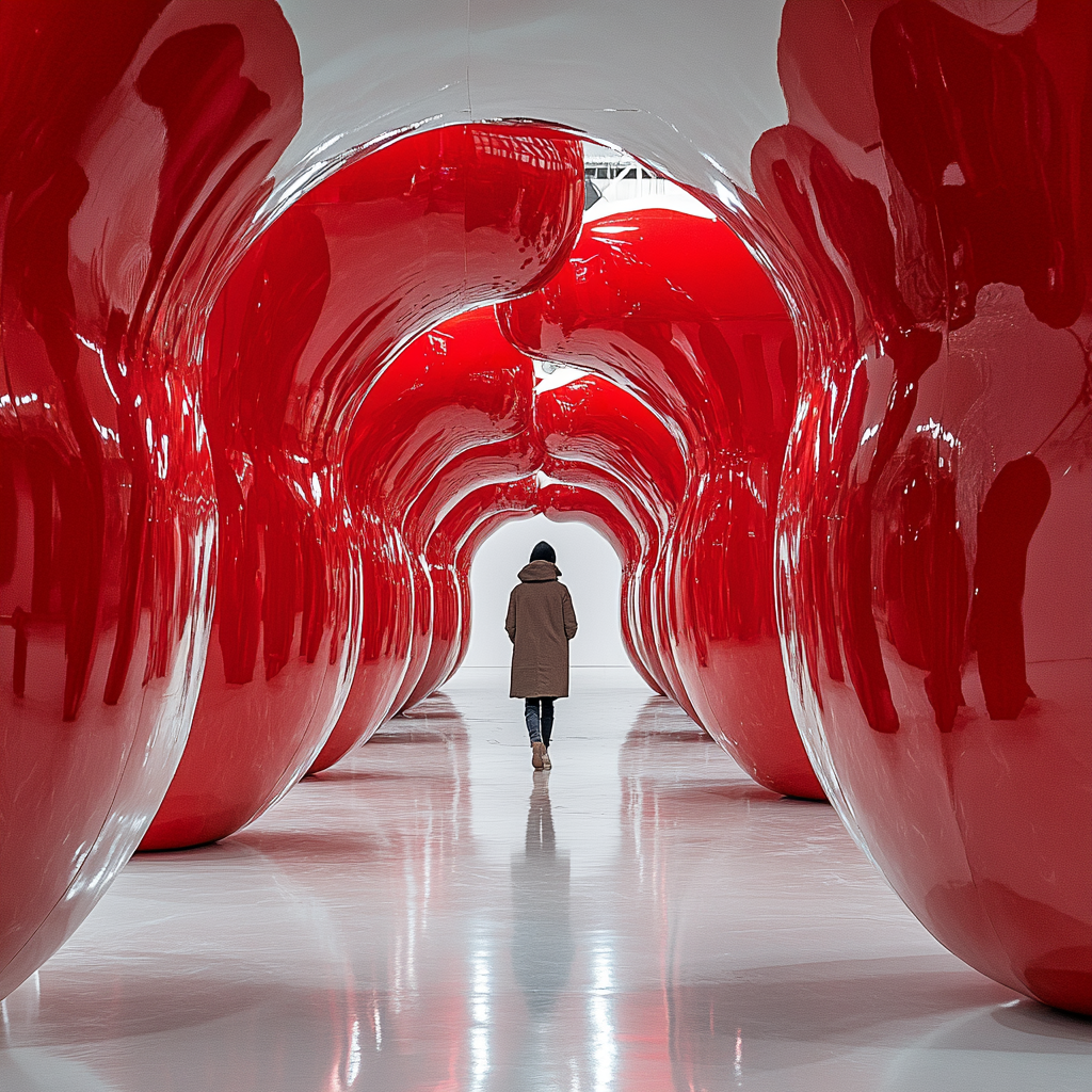 Person in Winter Coat Walks Through Shiny Apple-Arranged Room.