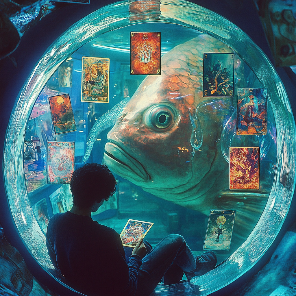 Person in aquarium with art tarot cards, fish swimming.