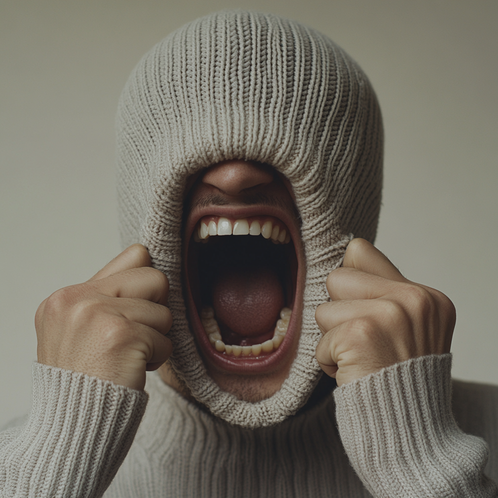 Person in balaclava stretching mouth open with fingers.