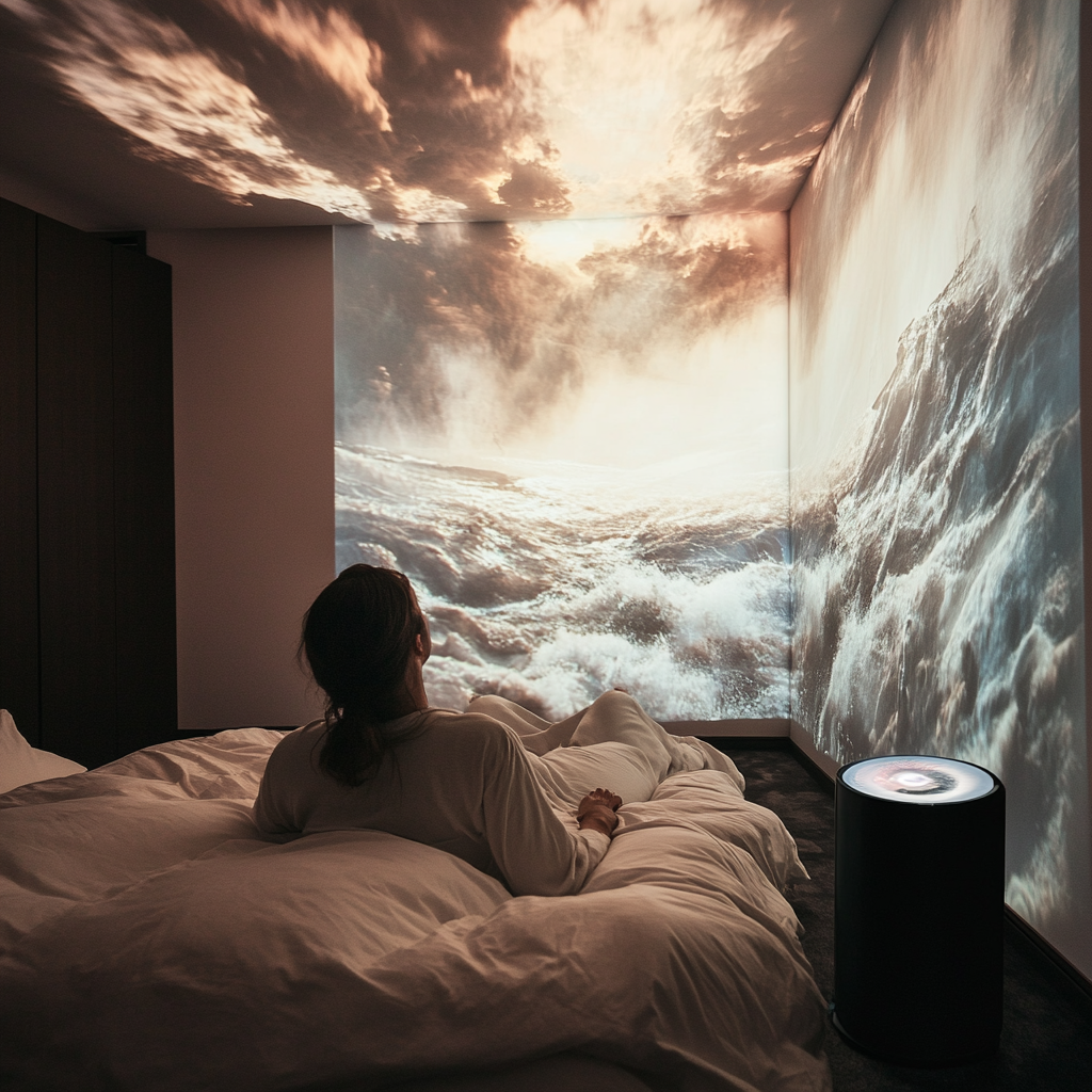 Person in bed watching projected movie on wall.