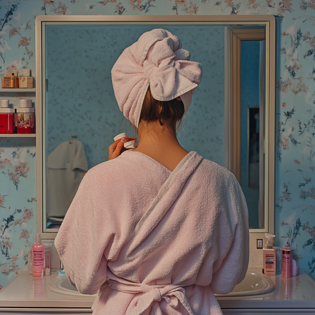 Person in dressing gown and towel looking in mirror.