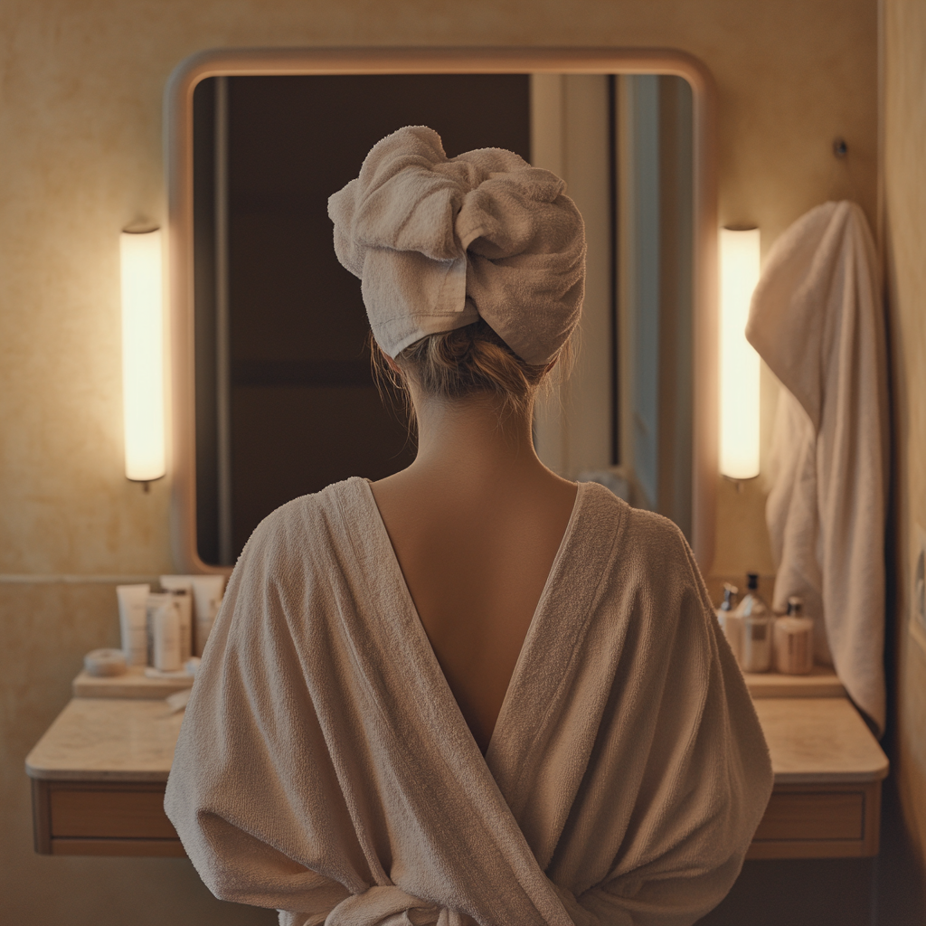 Person in dressing gown looks at self in mirror