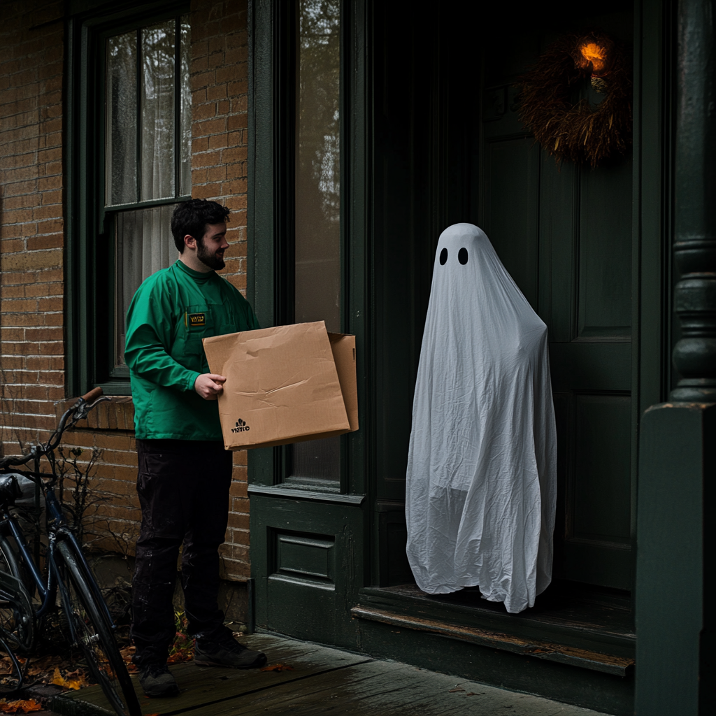 Person in ghost costume smiling at Uber Eats.