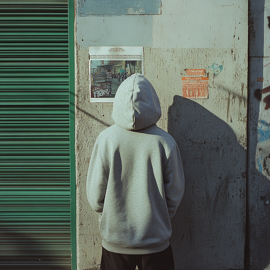 Person in grey hoodie stands in front of wall.