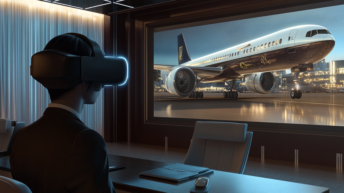 Person in office using VR Goggles, luxury aircraft inside.