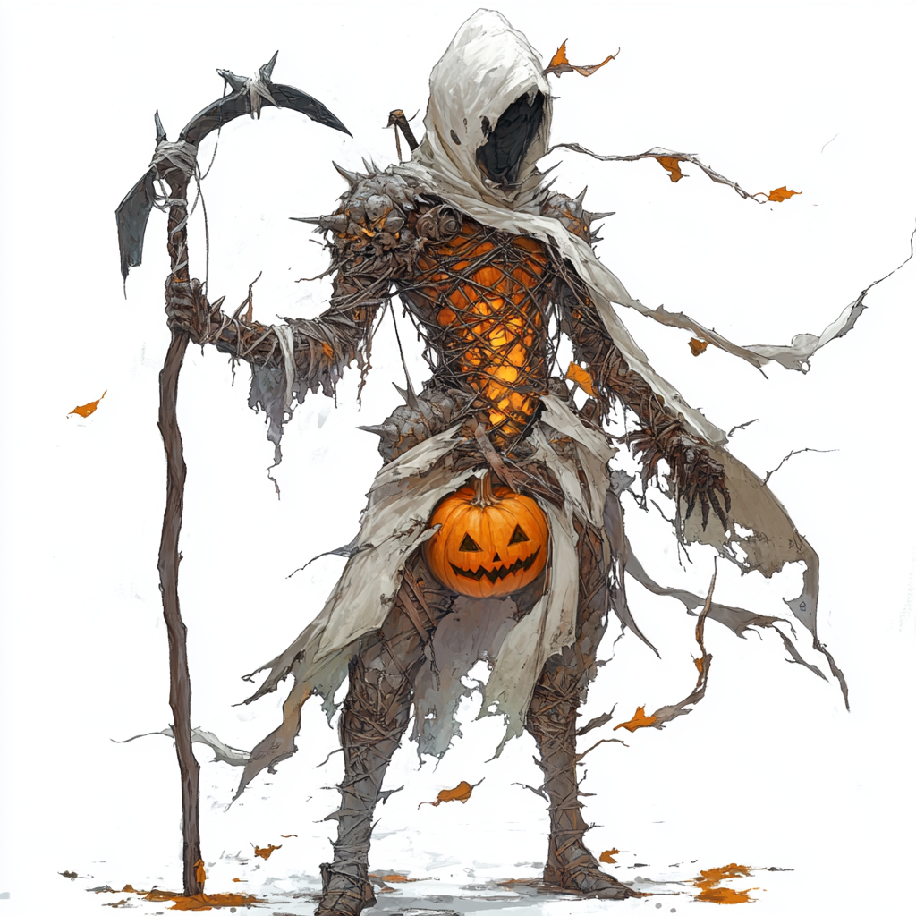 Person in pumpkin-like armor with scythe, Monster Hunter.