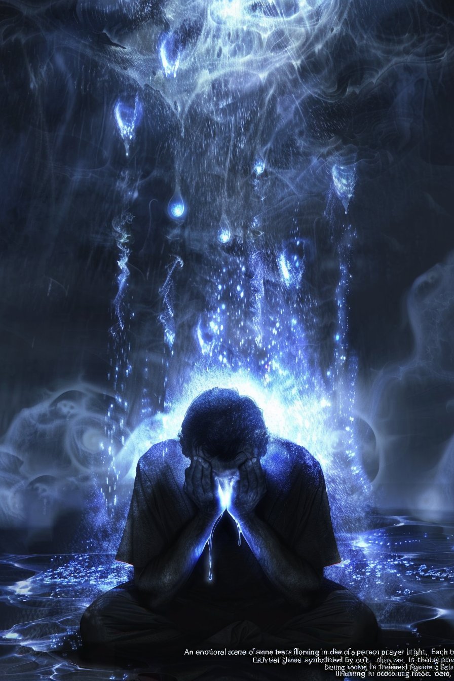 Person in tears praying with divine light and presence.