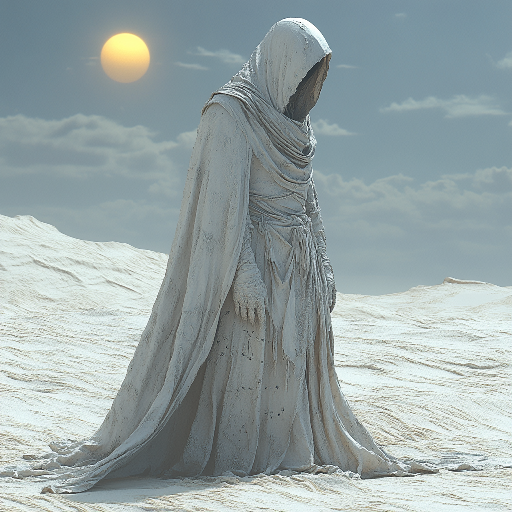 Person in white desert, flowing robe, music streams.