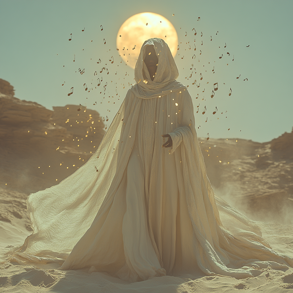 Person in white robe facing sun in desert.